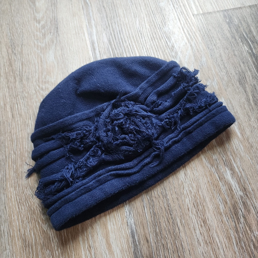 Cardani Headcovers Navy Blue Knit Beanie with Fringe Detail